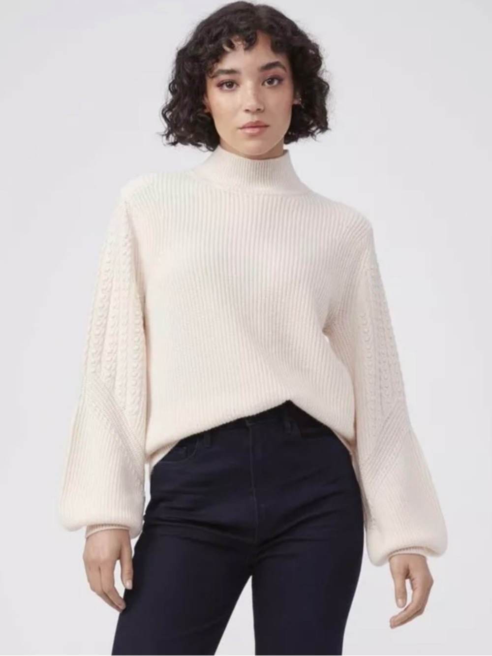 PAIGE Cable-Detail Mock Neck Balloon Sleeve Wool Monica Sweater, Ivory Cream, M